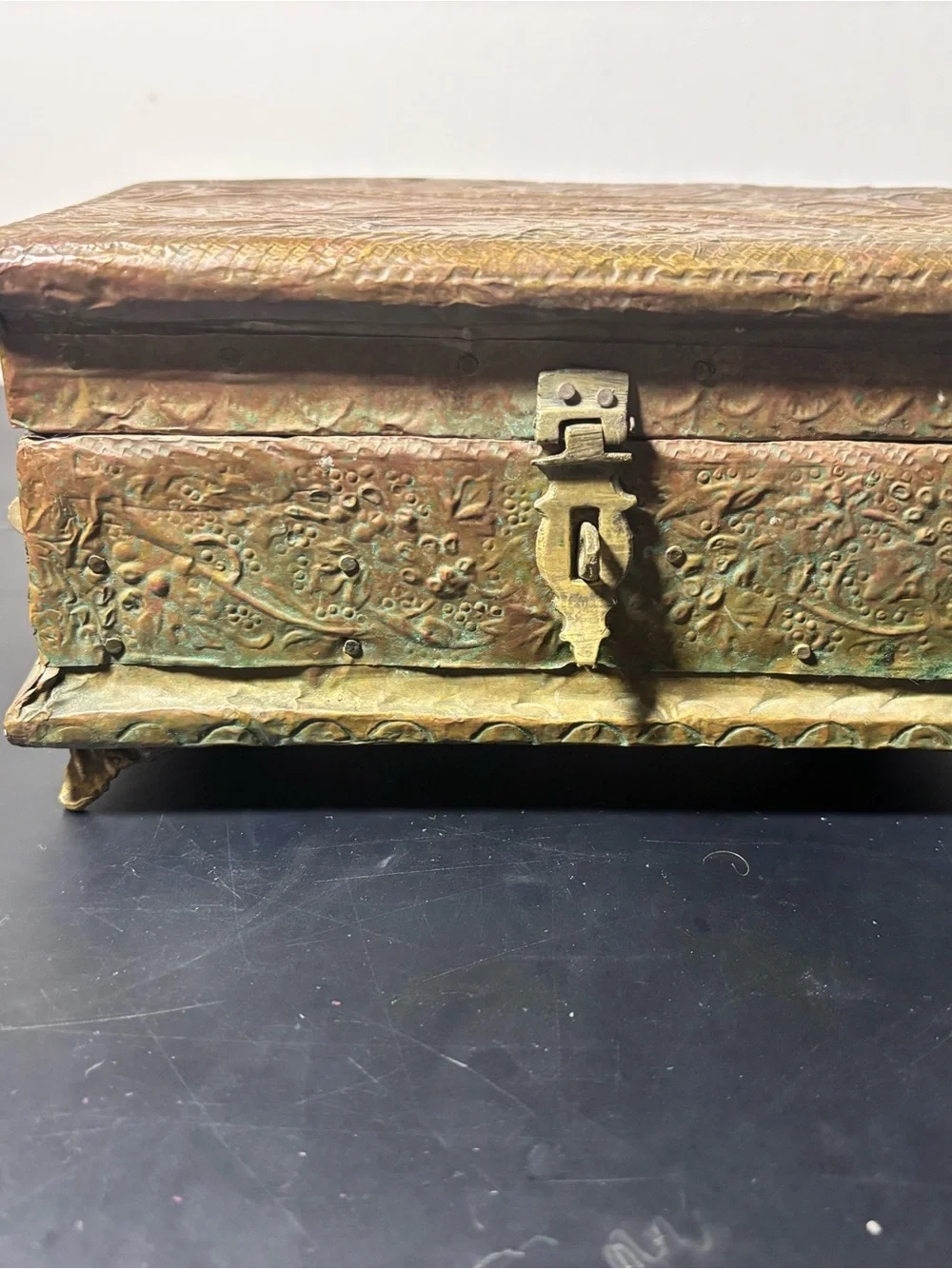 Vintage Embossed Metal Trinket Box, Hinged Lid, Latch, Velvet Lined Interior